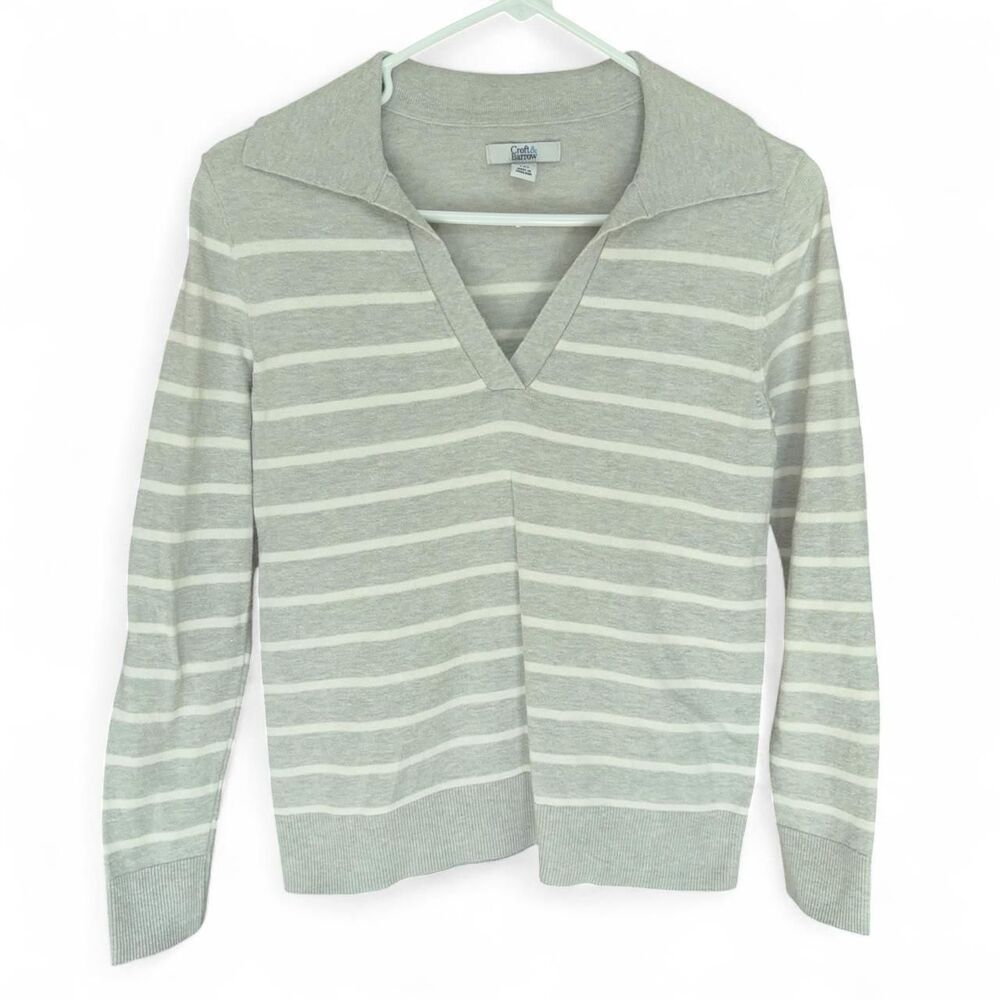 Croft & Barrow Striped Collar V-Neck Sweater White & Grey size PXS